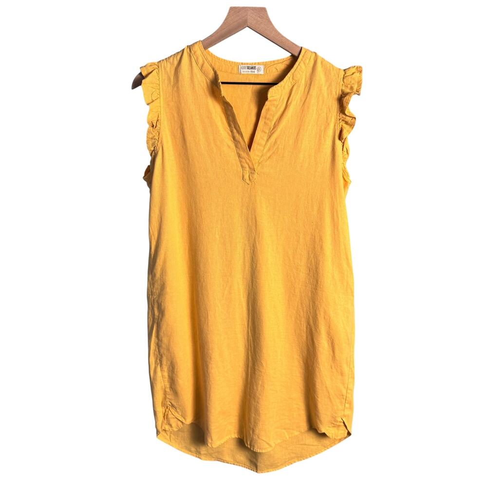 4 Our Dreamers Mustard Yellow Linen Blend Ruffle Sleeve‎ Tunic Top Size S